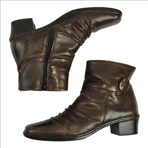 Rieker Kendra Brown Leather Slouchy Square Toe Fleece Lined Block Heel Bootie